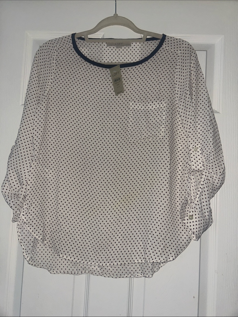 LOFT White Polka Dot Blouse with Navy Trim
